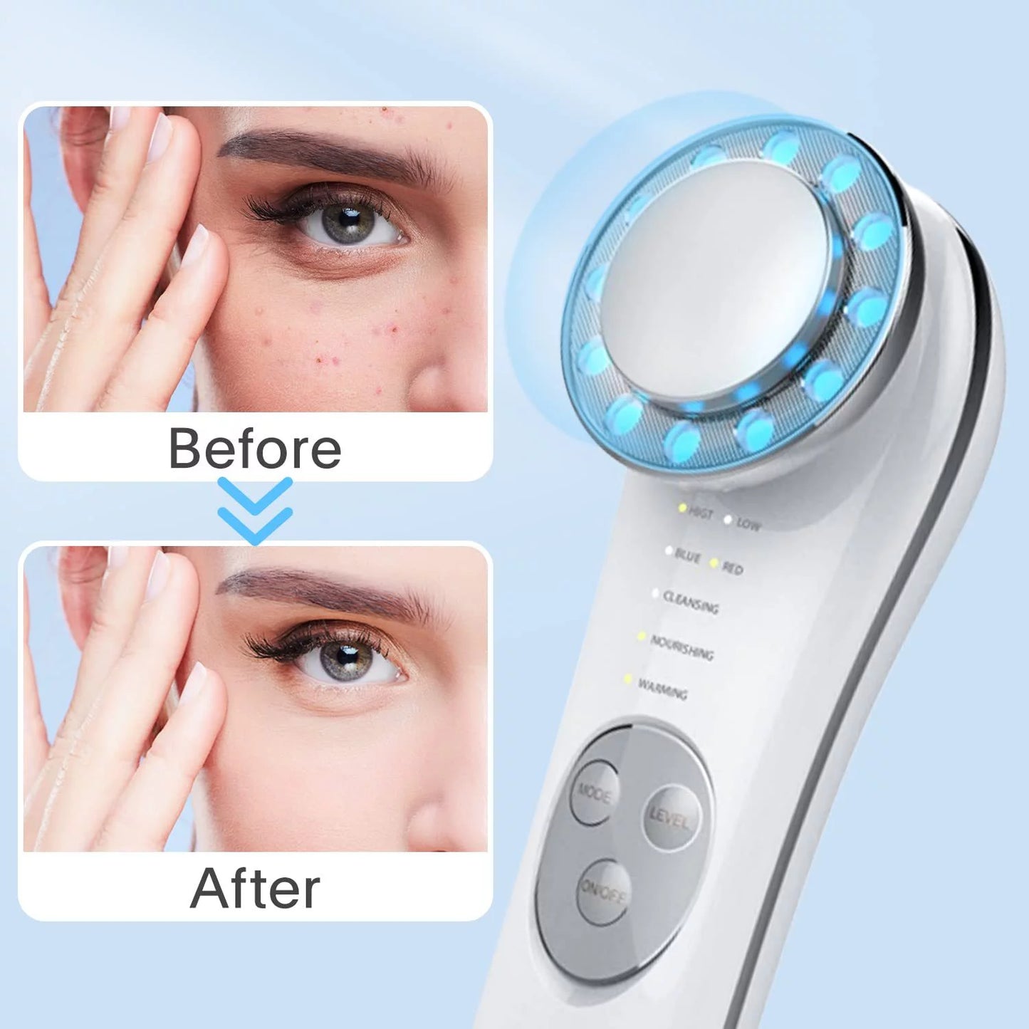 Facial Massager 7 in 1 Face Cleaner Lifting Machine Skin Care Tool Led Blue and Red Light Wave for Skin Firming/Wrinkles Improve Skin Texture,White