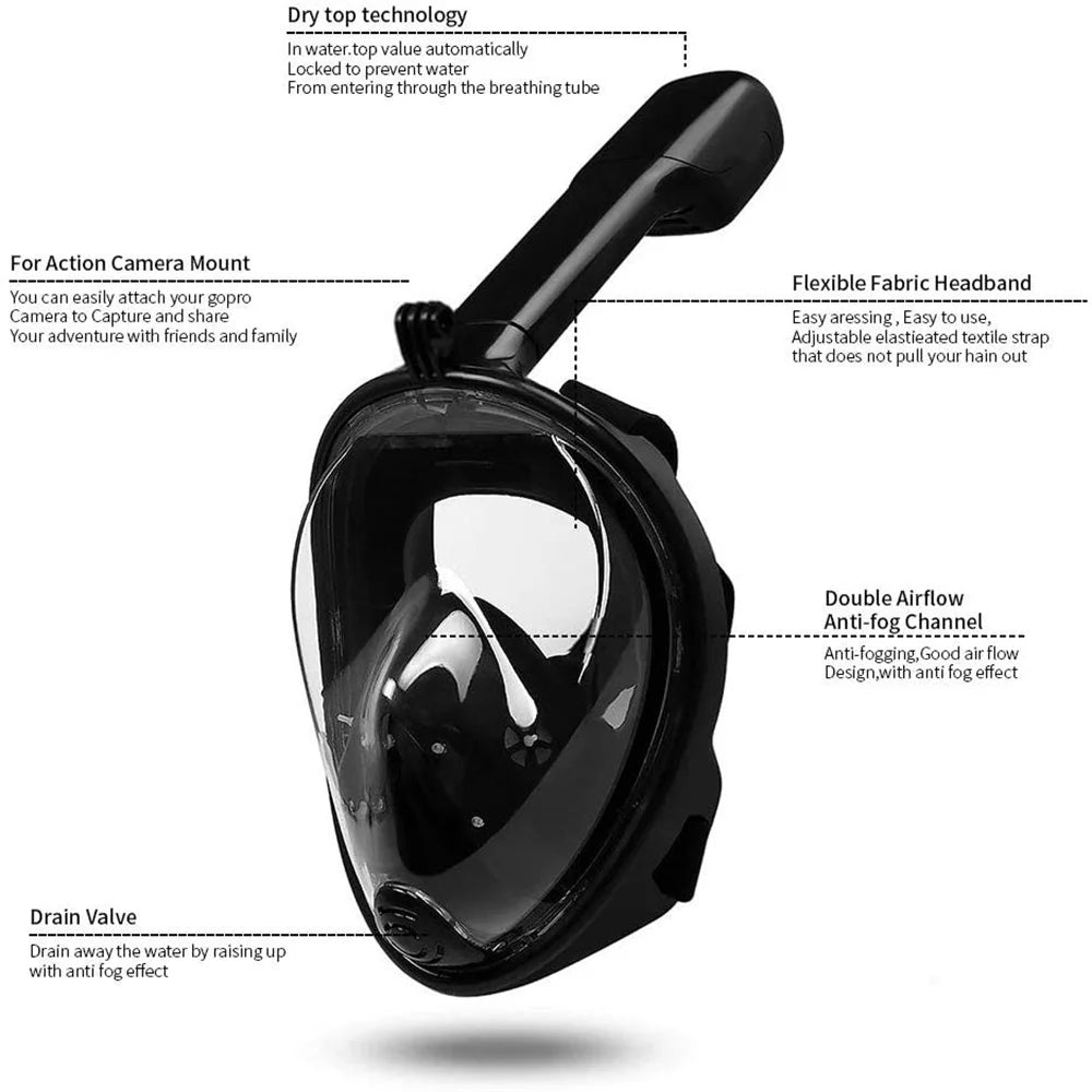 Snorkel Mask Full Face Snorkeling Mask Snorkel Set with Panoramic View and Action Camera Mount  Anti-Fog and Anti-Leak Design Dive Mask for Adults Black