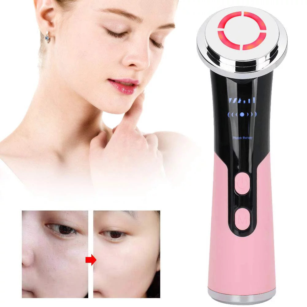 Facial Massager, Skin Care Tools 4 in 1 Skin Wand - LED Red and Blue Light Machine - Wave Stimulation- Massage - Lift & Firm Tighten Skin Wrinkles (Pink)