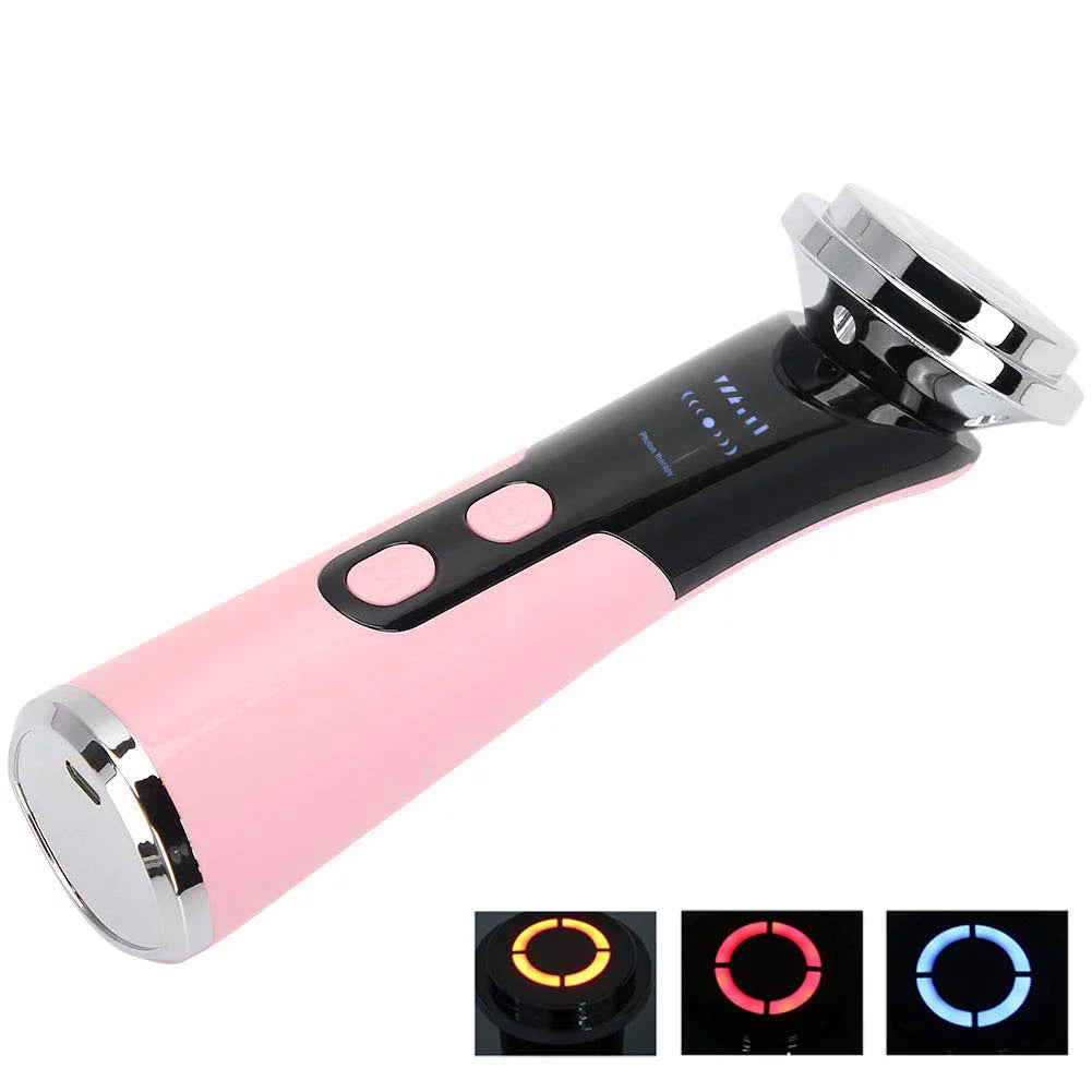 Facial Massager, Skin Care Tools 4 in 1 Skin Wand - LED Red and Blue Light Machine - Wave Stimulation- Massage - Lift & Firm Tighten Skin Wrinkles (Pink)