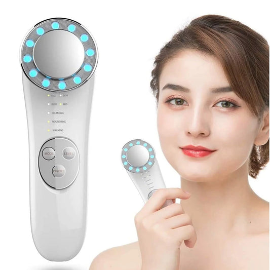 Facial Massager 7 in 1 Face Cleaner Lifting Machine Skin Care Tool Led Blue and Red Light Wave for Skin Firming/Wrinkles Improve Skin Texture,White