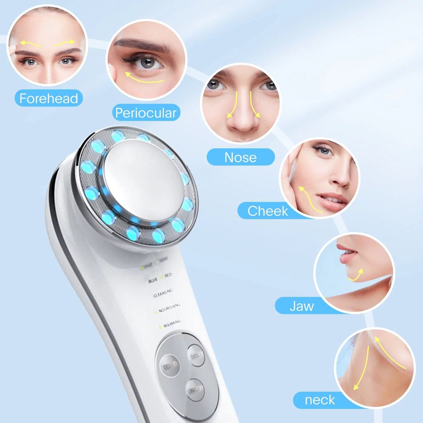 Facial Massager 7 in 1 Face Cleaner Lifting Machine Skin Care Tool Led Blue and Red Light Wave for Skin Firming/Wrinkles Improve Skin Texture,White