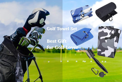 Golf Towel for Golf Bags with Clip Microfiber Waffle Pattern Golf Club Cleaner Brush Golf Gifts 2 Black Towel with Brush Golf Set