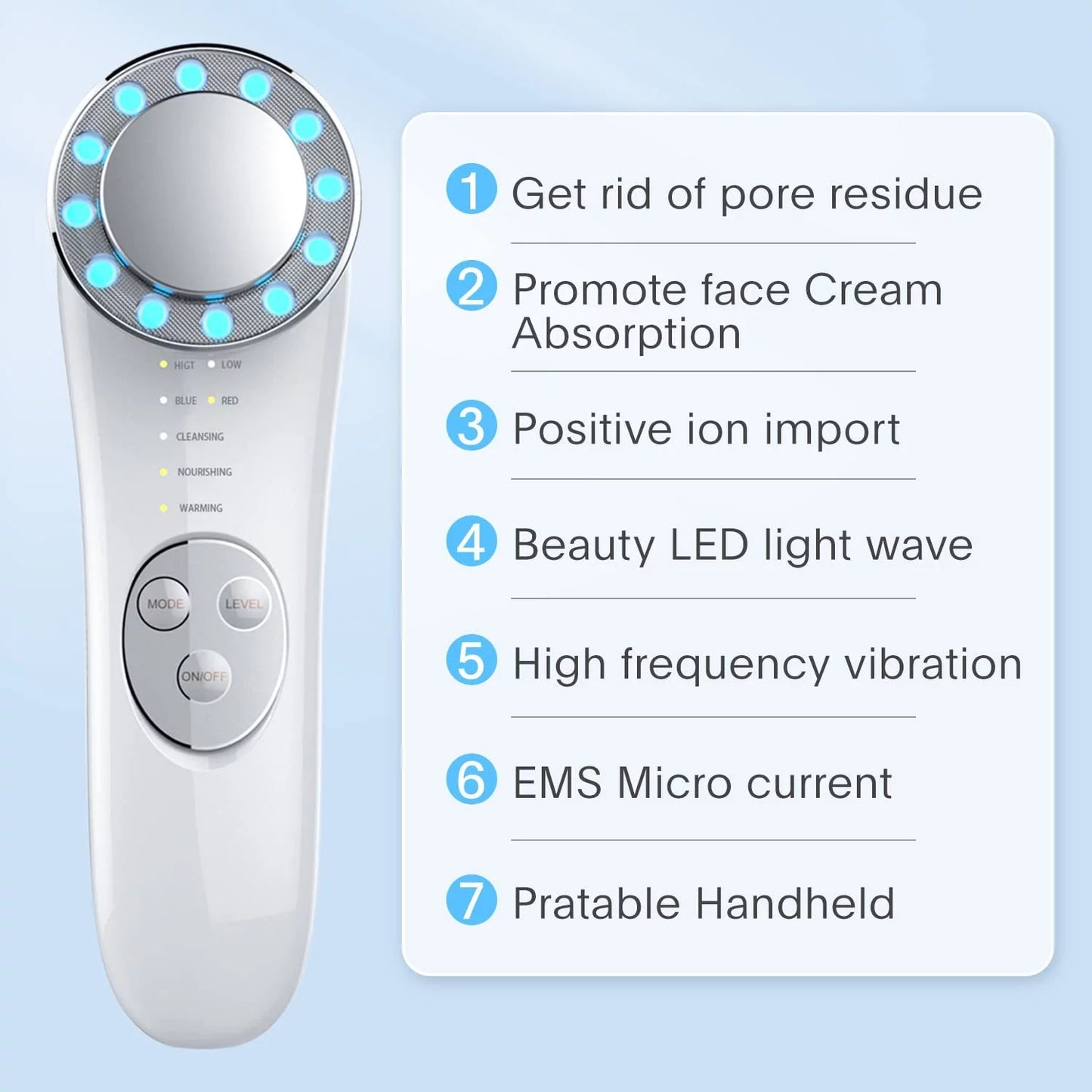 Facial Massager 7 in 1 Face Cleaner Lifting Machine Skin Care Tool Led Blue and Red Light Wave for Skin Firming/Wrinkles Improve Skin Texture,White