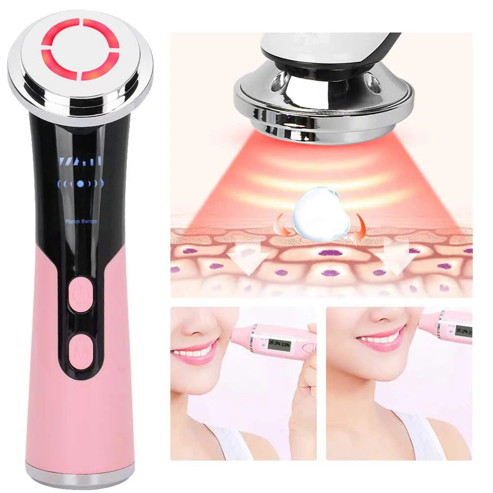 Facial Massager, Skin Care Tools 4 in 1 Skin Wand - LED Red and Blue Light Machine - Wave Stimulation- Massage - Lift & Firm Tighten Skin Wrinkles (Pink)