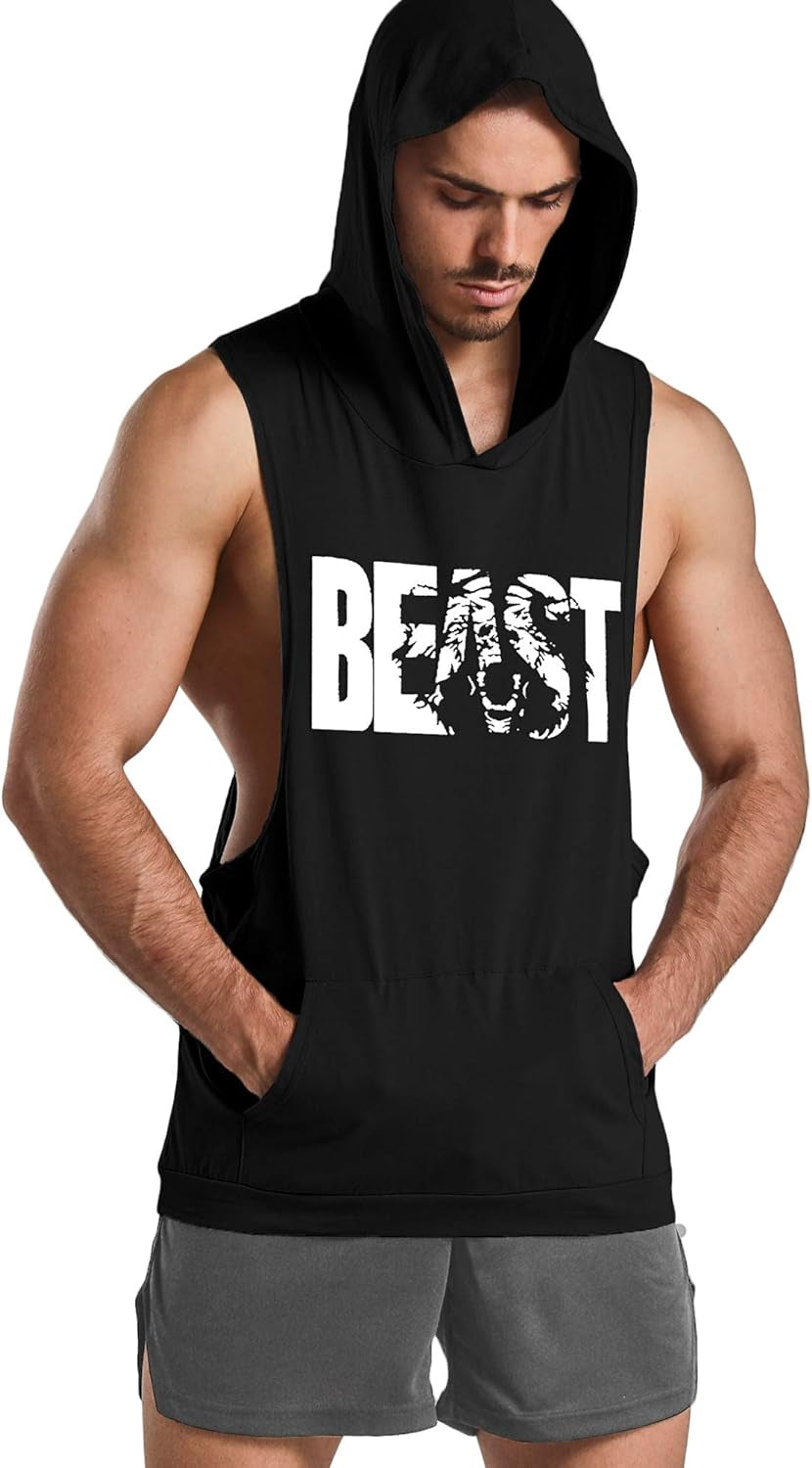 Men'S 2 Pack Workout Muscle Printed Tank Tops Gym Fitness Sleeveless Hoodie Black & Red S