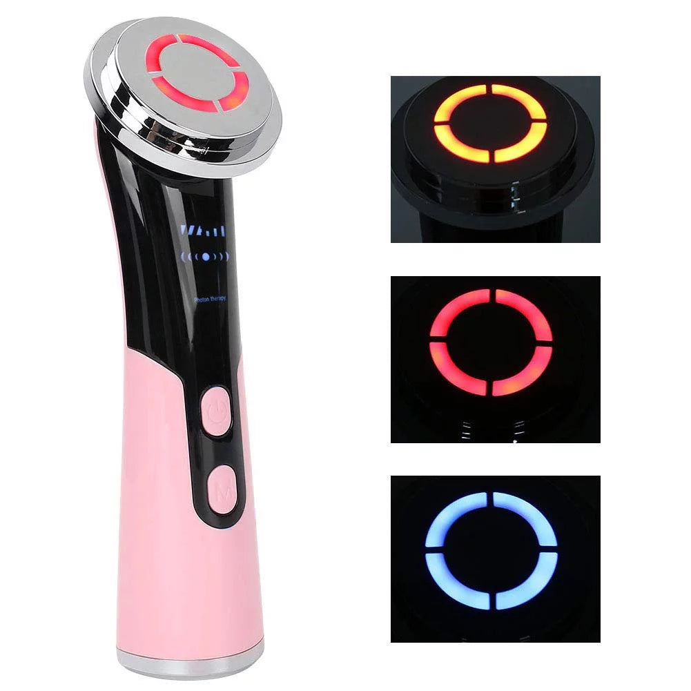 Facial Massager, Skin Care Tools 4 in 1 Skin Wand - LED Red and Blue Light Machine - Wave Stimulation- Massage - Lift & Firm Tighten Skin Wrinkles (Pink)