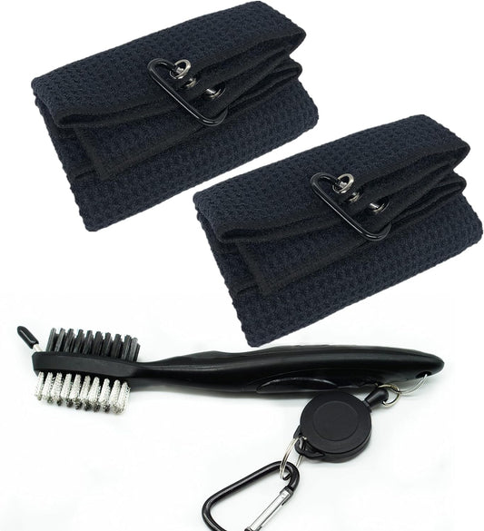 Golf Towel for Golf Bags with Clip Microfiber Waffle Pattern Golf Club Cleaner Brush Golf Gifts 2 Black Towel with Brush Golf Set