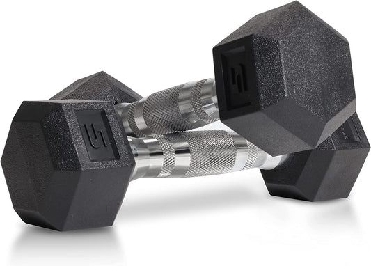 Rubber HEX Free Hand Weights Dumbbell Pairs Sizes 5, 10, 15, 20 and 25 LBS (5 LB Pair, Pair)