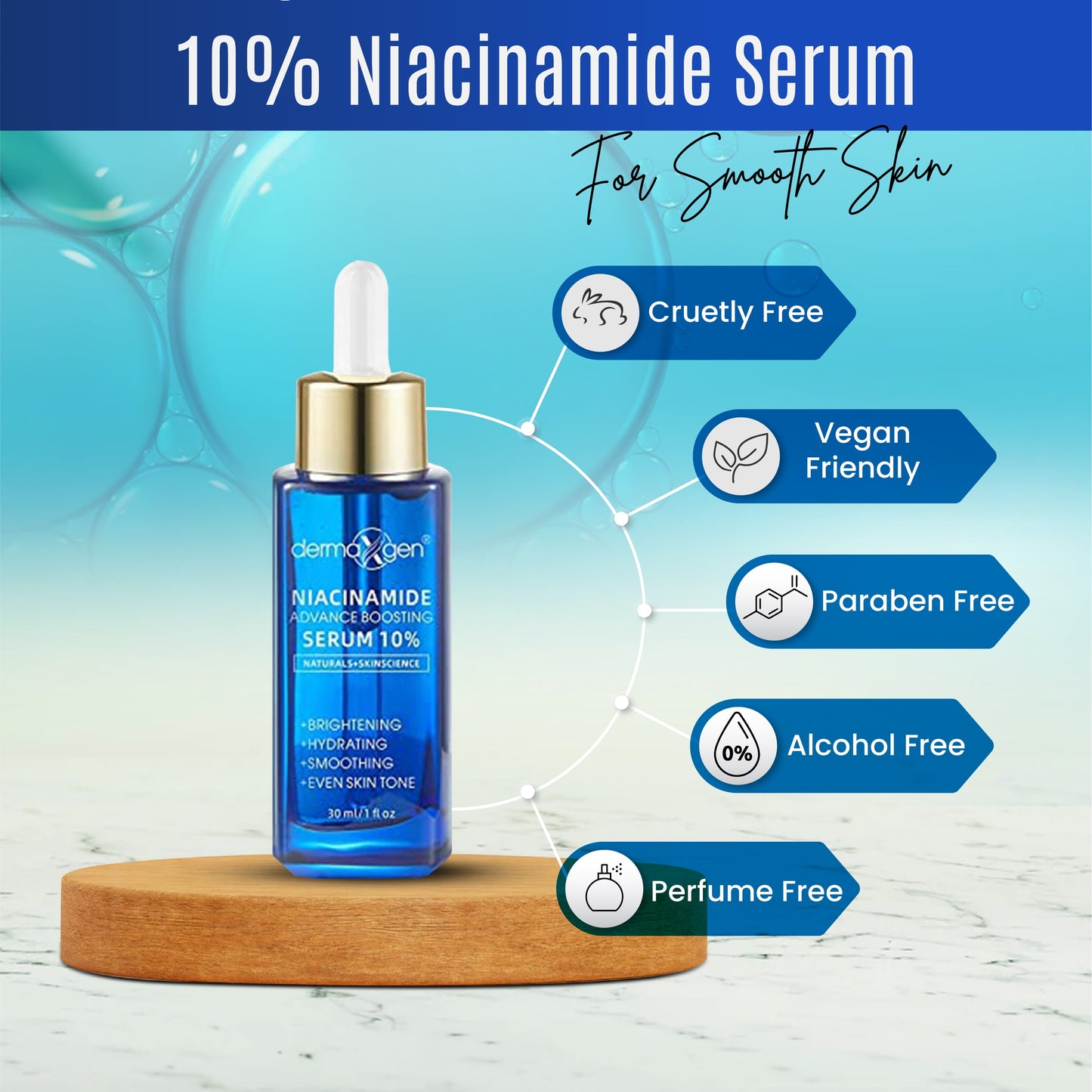 10% Niacinamide Serum for Smooth, Bright & Youthful Skin, Pore Reducer + Uneven Skin Tone Treatment, Treat Dark Spots, Diminishes Acne Prone, Skin Balancing, Restores Elasticity